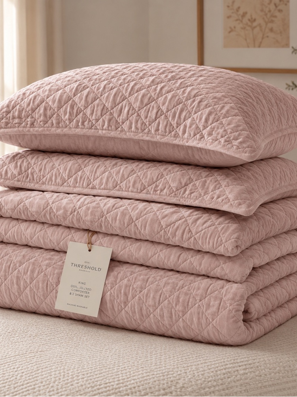 Threshold Quilted Velvet Comforter Set Blush Pink king Size w/ 2 Matching Shams